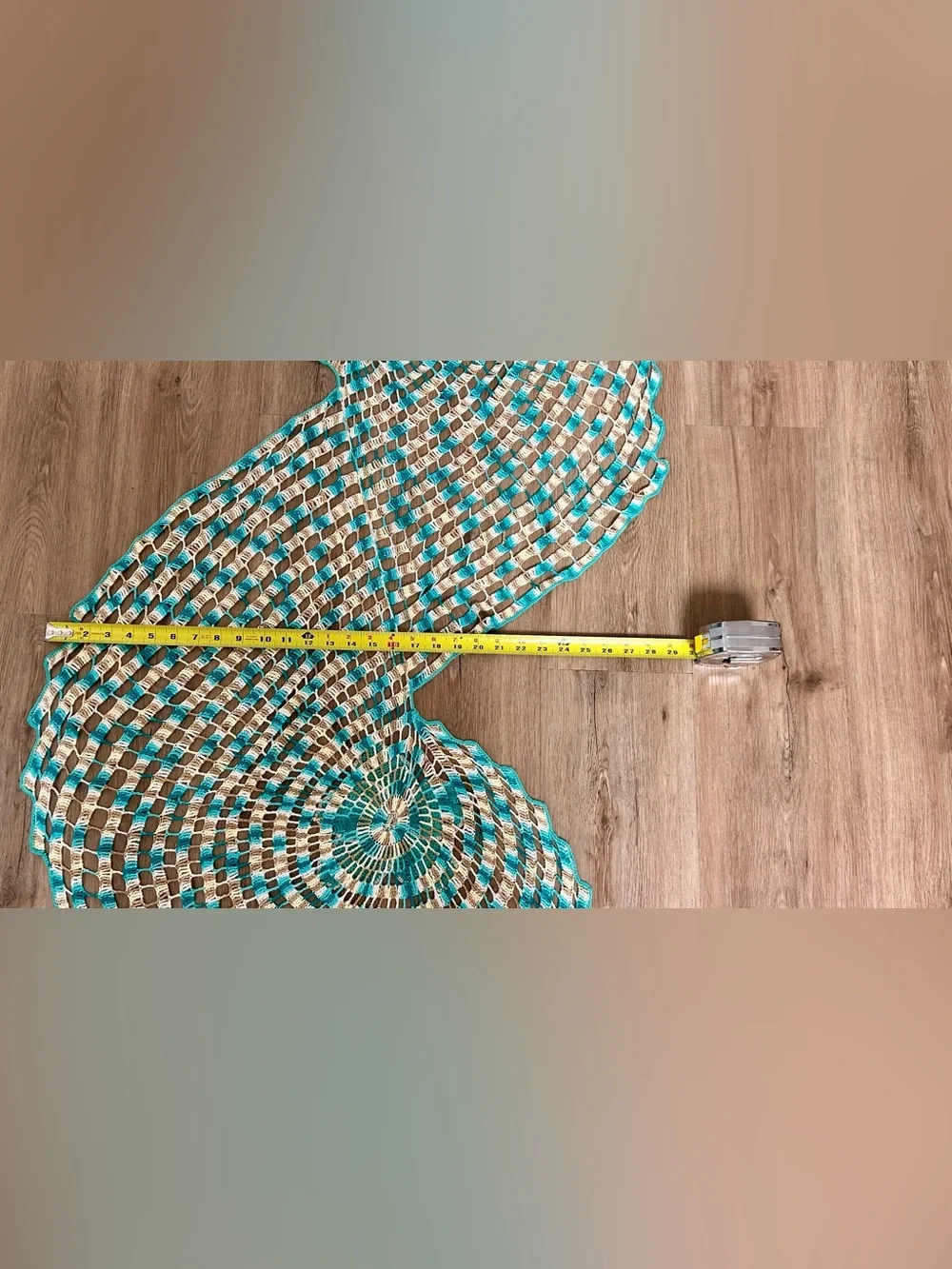 Vintage Hand Crochet S-Shape Serpentine Table Runner Boho Teal Cream 56x30